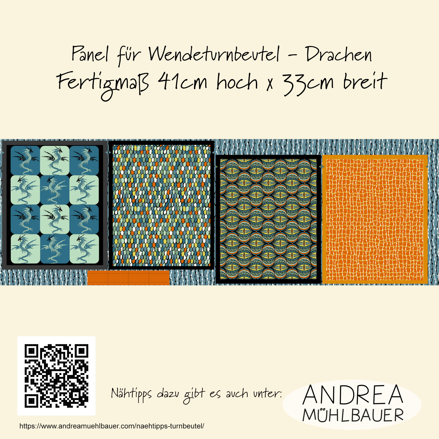 Bio Stoff - 50 cm Panel Drachen Wendeturnbeutel von Andrea Muehlbauer in blau Bio Stoff - 50 cm Panel Drachen Wendeturnbeutel von Andrea Muehlbauer in blau