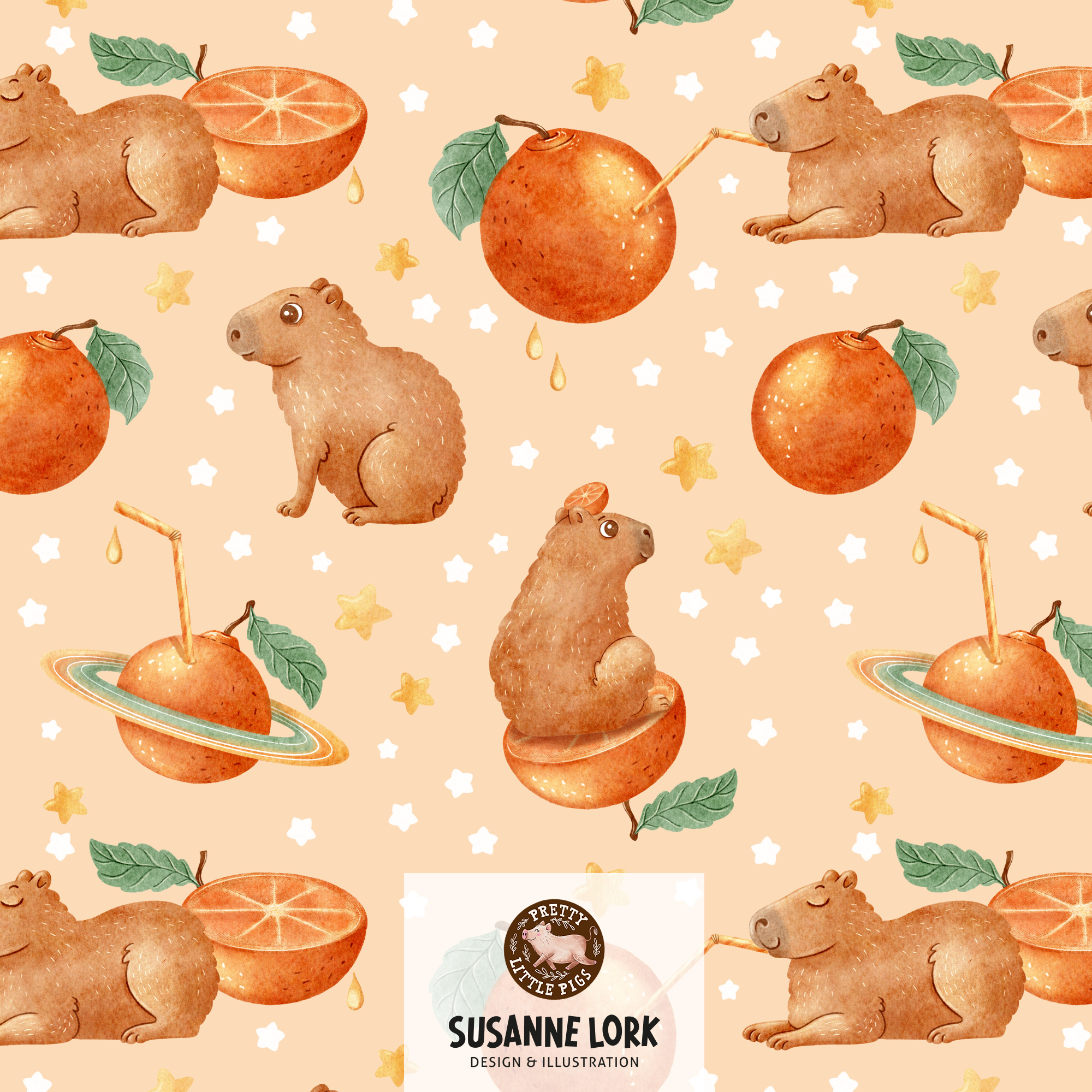 Bio Fabric - Planet Capybara Peach by Pretty Little Pigs in peach