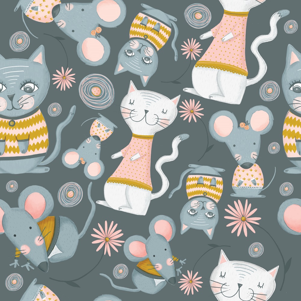 Bio Stoff  -  Kitty  - LilleSelection, Tiere, blau, rosa