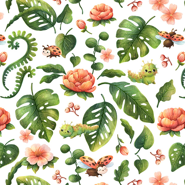 Organic fabric  -  Bugs and Flowers white