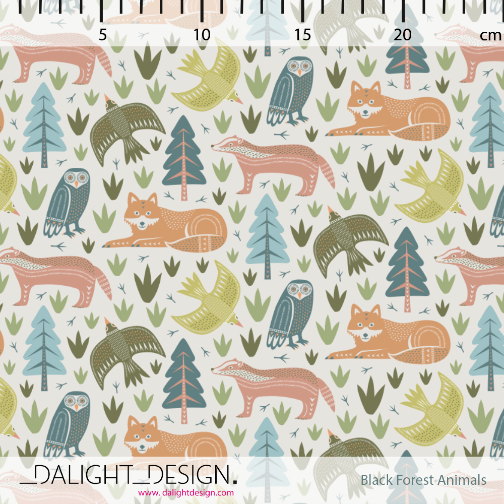 Bio Webware Stoff - Black Forest Animals - DalightDesign, beige, Wald, Tiere, 100% Bio-Baumwolle Bio Webware Stoff - Black Forest Animals - DalightDesign, beige, Wald, Tiere, 100% Bio-Baumwolle