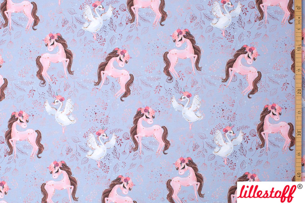 Bio Webware Stoff  -  Ballerina Pony  - LilleSelection, Tiere, blau, Fantasy, 100% Bio-Baumwolle