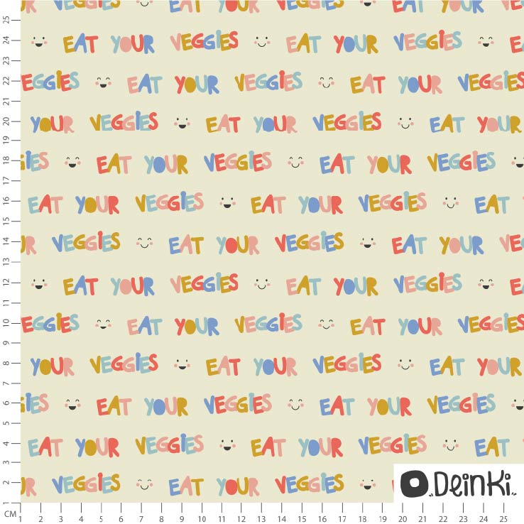 Bio Stoff  - Eat your Veggies Creme Bunt - Deinki, beige, Kinder, Schrift