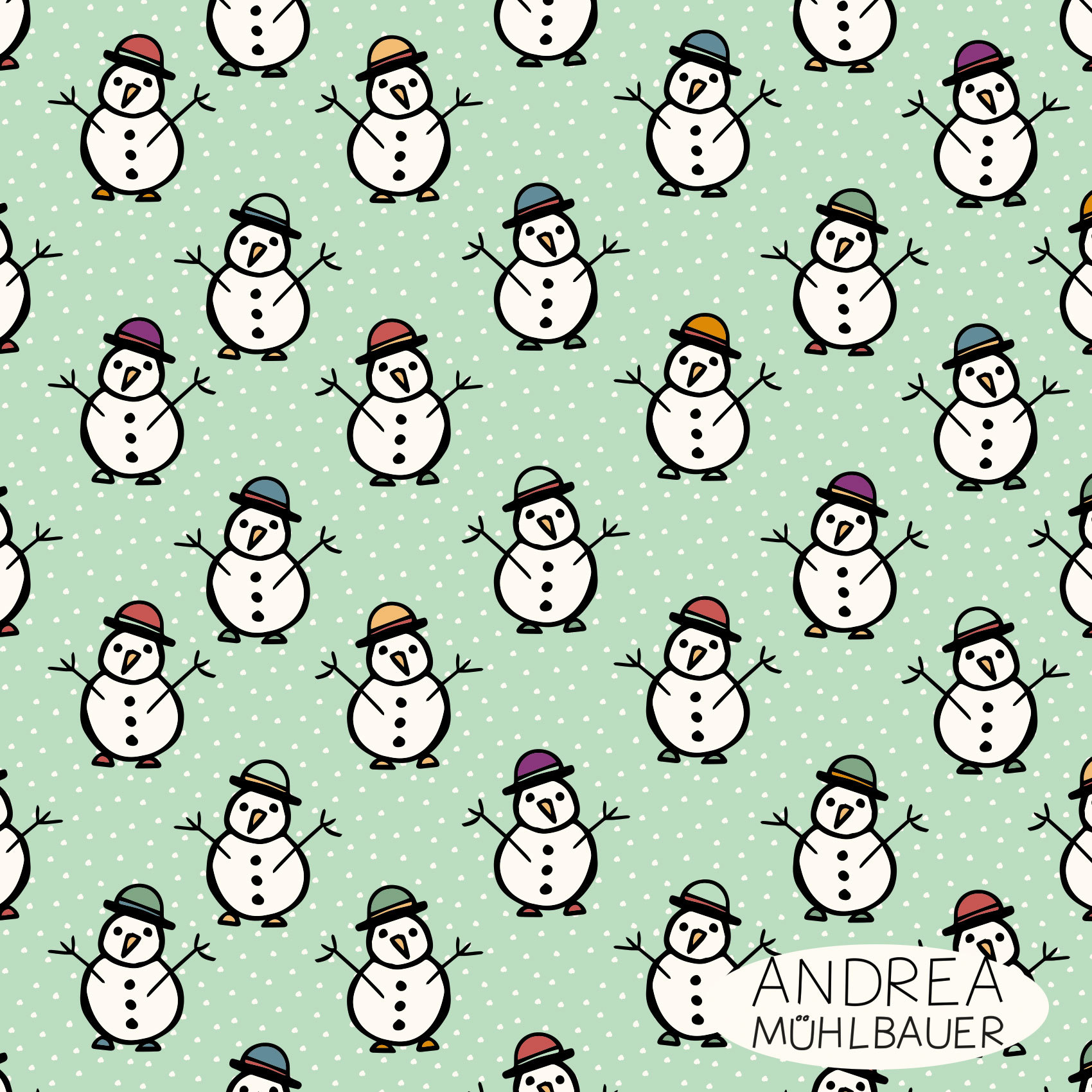 Bio Webware Stoff  - Snowman on soft winter Seaglass - AndreaMuehlbauer, Winter, grün, 100% Bio-Baumwolle