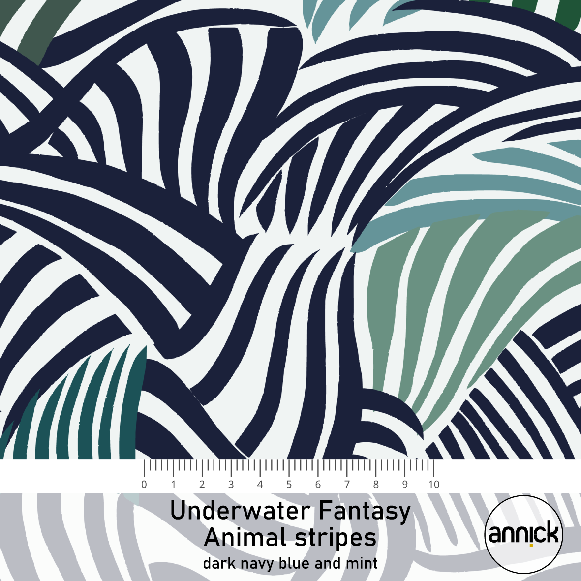 Bio Fabric - Underwater Fantasy Animal Stripes Dark Navy Blue Mint by Annick in blue