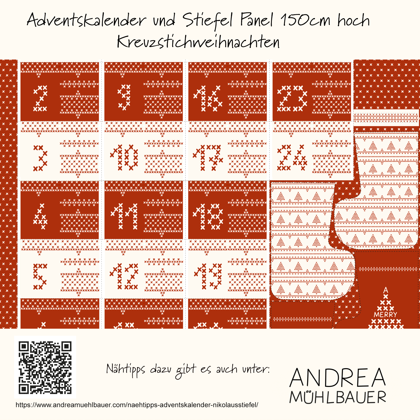 Bio Stoff - 1,5 m Panel Adventskalender Stiefel Kreuzstich Rot von Andrea Muehlbauer in rot