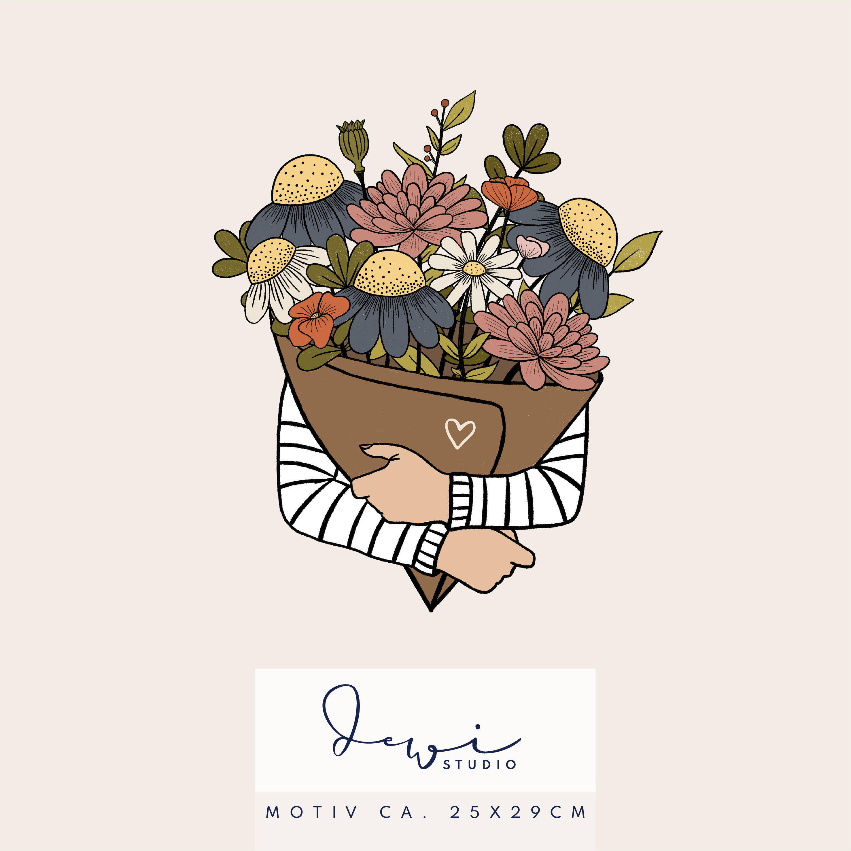 Bio Canvas Stoff  -  50 cm Panel Hello Darling klein bunt  - DewiStudio, Streifen, Floral & Blumen, creme, Herzen, bunt, 100% Bio-Baumwolle