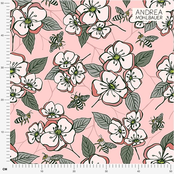 Bio Stoff  - Obstblüten Bienen rosa