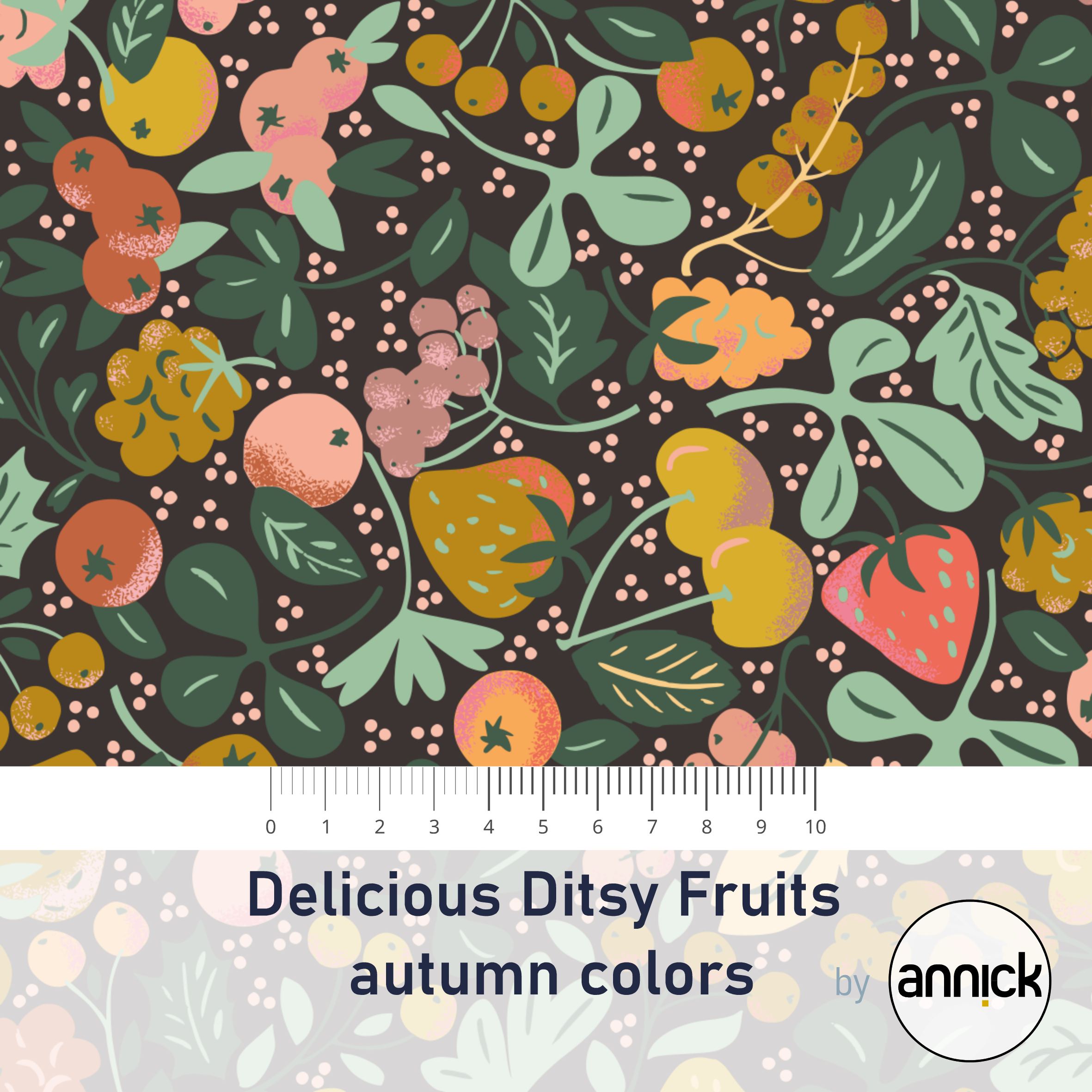 Bio Webware Stoff - Delicious Ditsy Fruits Autumn Colors - Annick, bunt, Blätter & Ranken, Obst & Gemüse, schwarz, 100% Bio-Baumwolle Bio Webware Stoff - Delicious Ditsy Fruits Autumn Colors - Annick, bunt, Blätter & Ranken, Obst & Gemüse, schwarz, 100% Bio-Baumwolle