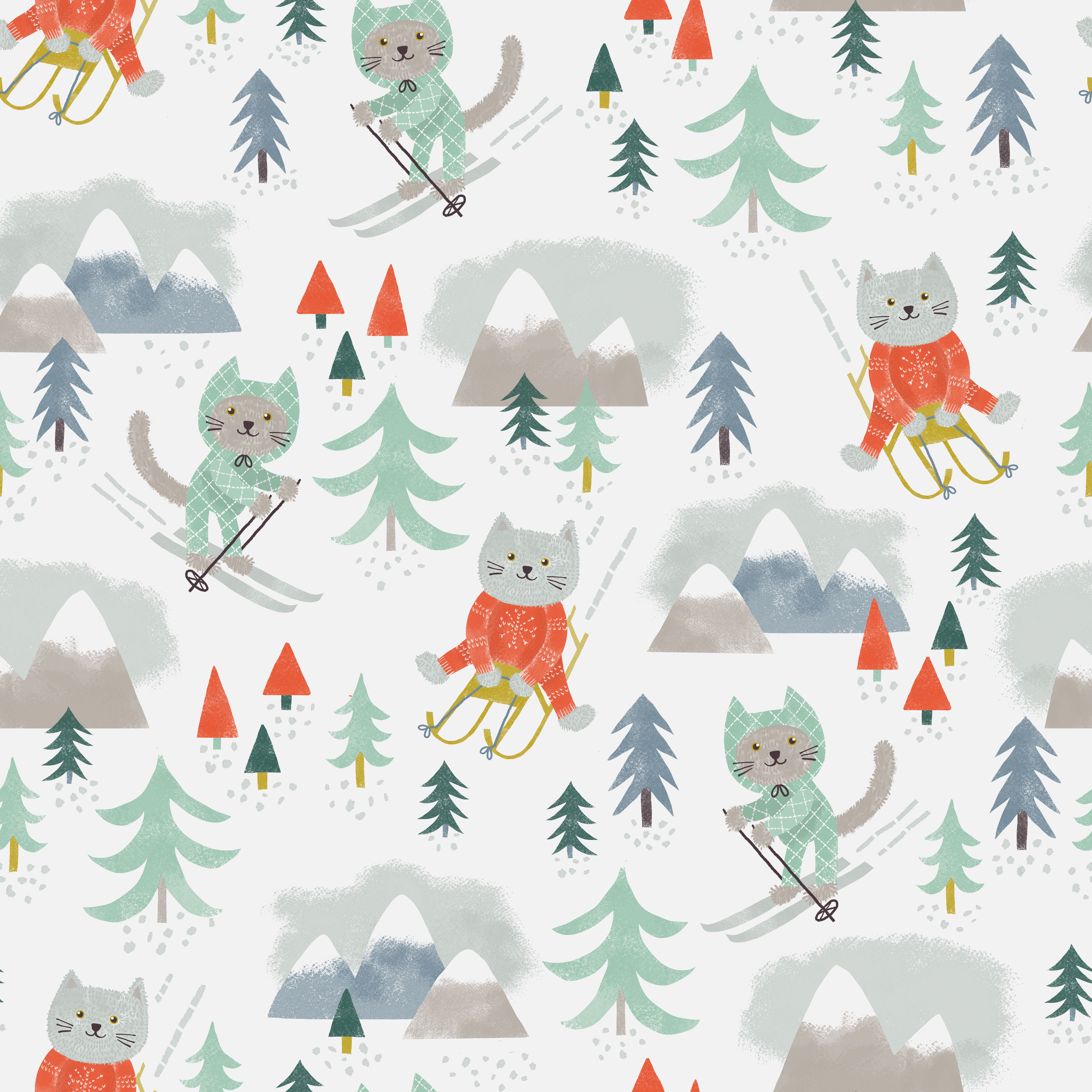 Bio Stoff  -  Snow Cats  - PetraCoumans, Tiere, Wald, bunt, creme