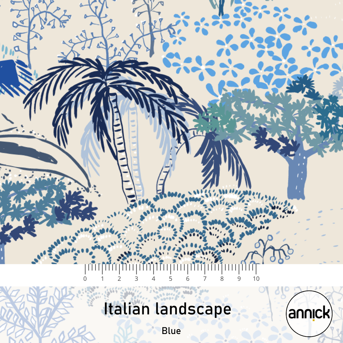 Bio Webware Stoff - Italian Landscape Blue - Annick, blau, Natur, Bäume & Palmen, 100% Bio-Baumwolle Bio Webware Stoff - Italian Landscape Blue - Annick, blau, Natur, Bäume & Palmen, 100% Bio-Baumwolle
