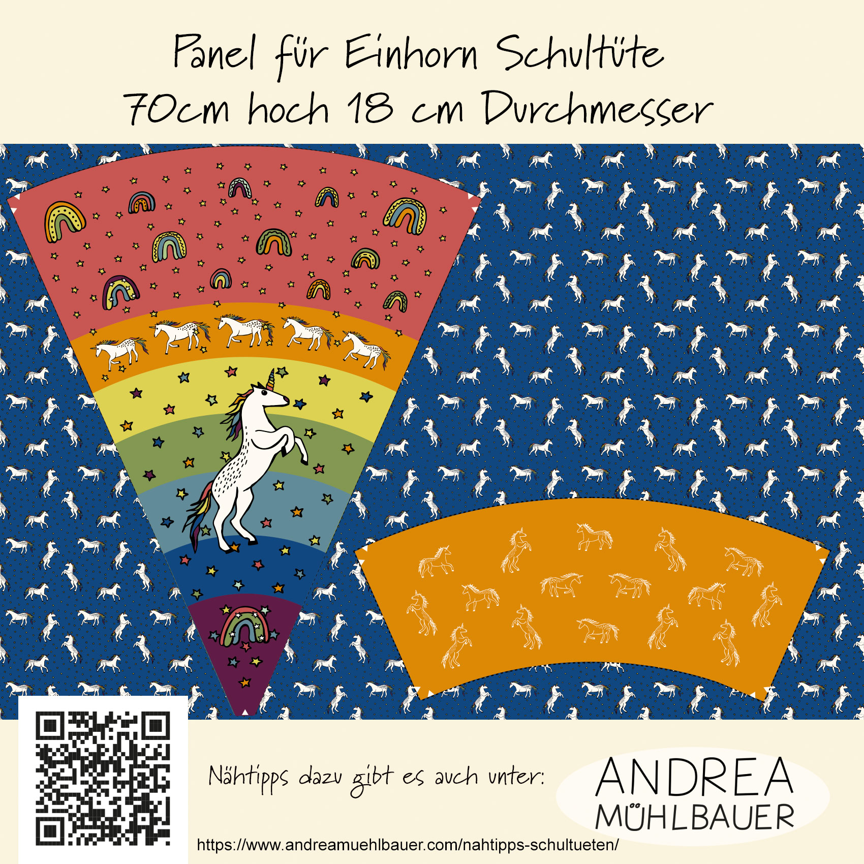 Bio Stoff - 1,0 m Panel Schultuete Einhorn von Andrea Muehlbauer in bunt Bio Stoff - 1,0 m Panel Schultuete Einhorn von Andrea Muehlbauer in bunt