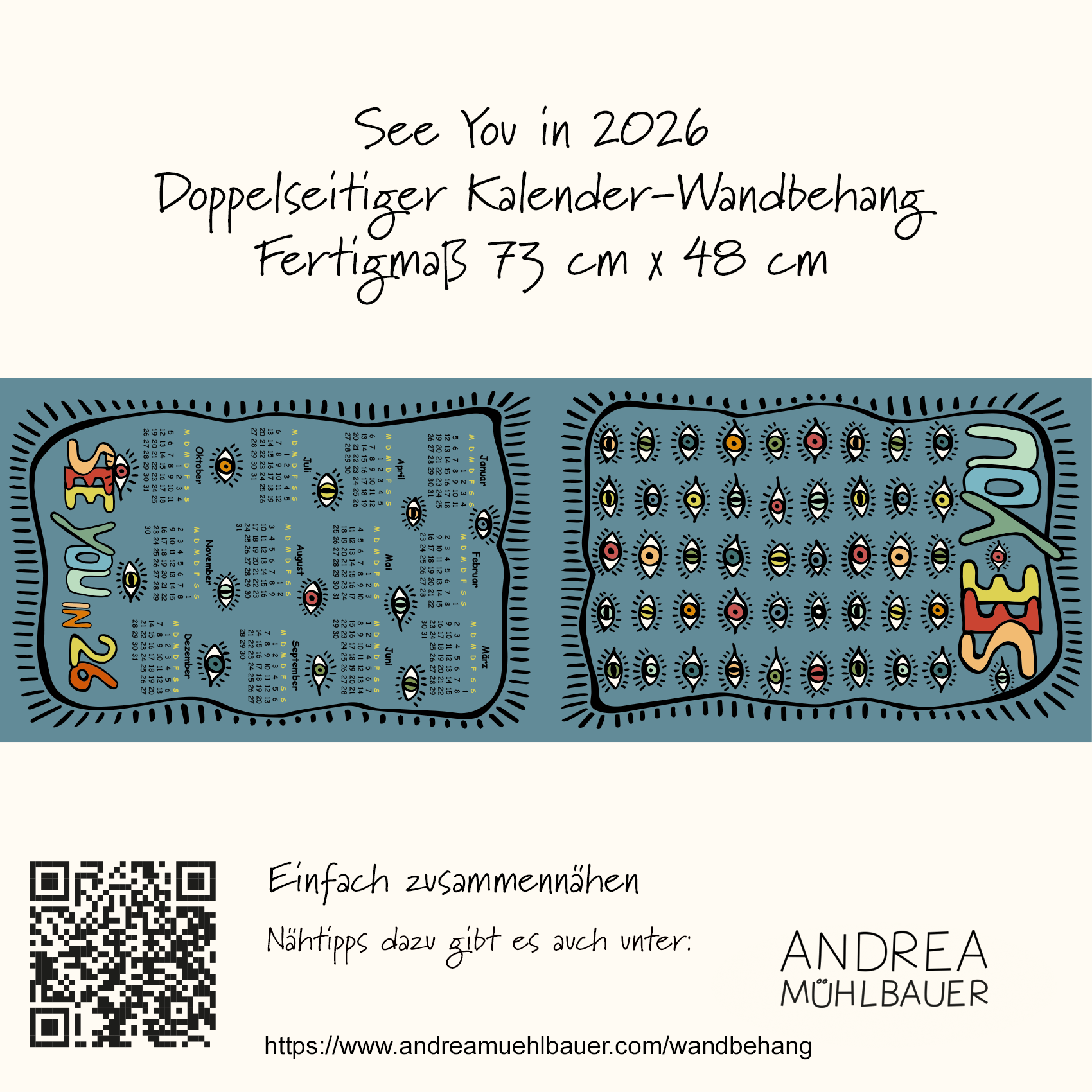 Bio Stoff - 50 cm Panel See You Kalender26 von Andrea Muehlbauer in blau