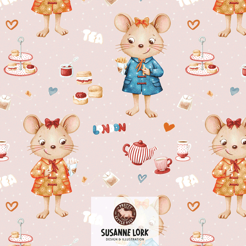 Organic Fabric - Hello London Tea Time Pink by Pretty Little Pigs in pink