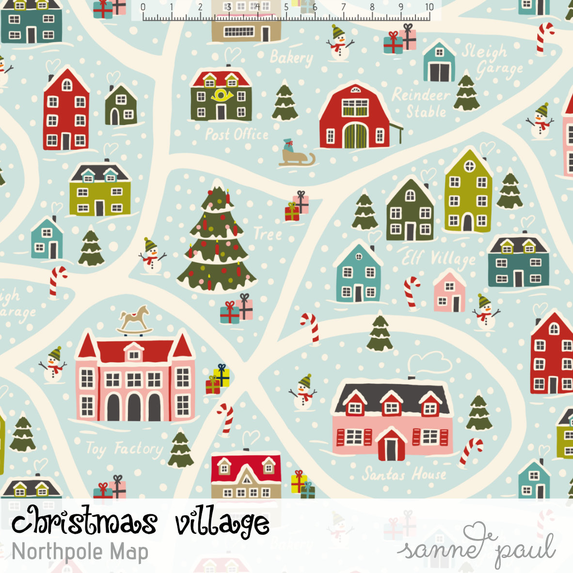 Bio Stoff  - Christmas Village Northpol Map -SannePaul, Winter, Weihnachten, bunt