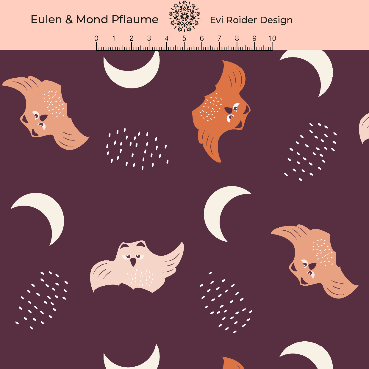 Bio Jersey Stoff  - Eulen und Mond Pflaume - EviRoiderDesign, Tiere, lila, Halloween, Breite 150 cm Bio Jersey Stoff  - Eulen und Mond Pflaume - EviRoiderDesign, Tiere, lila, Halloween, Breite 150 cm