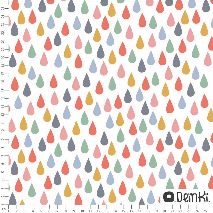Bio Webware Stoff  -  Bunte Regentropfen  - Deinki, bunt, Wetter, blau, 100% Bio-Baumwolle