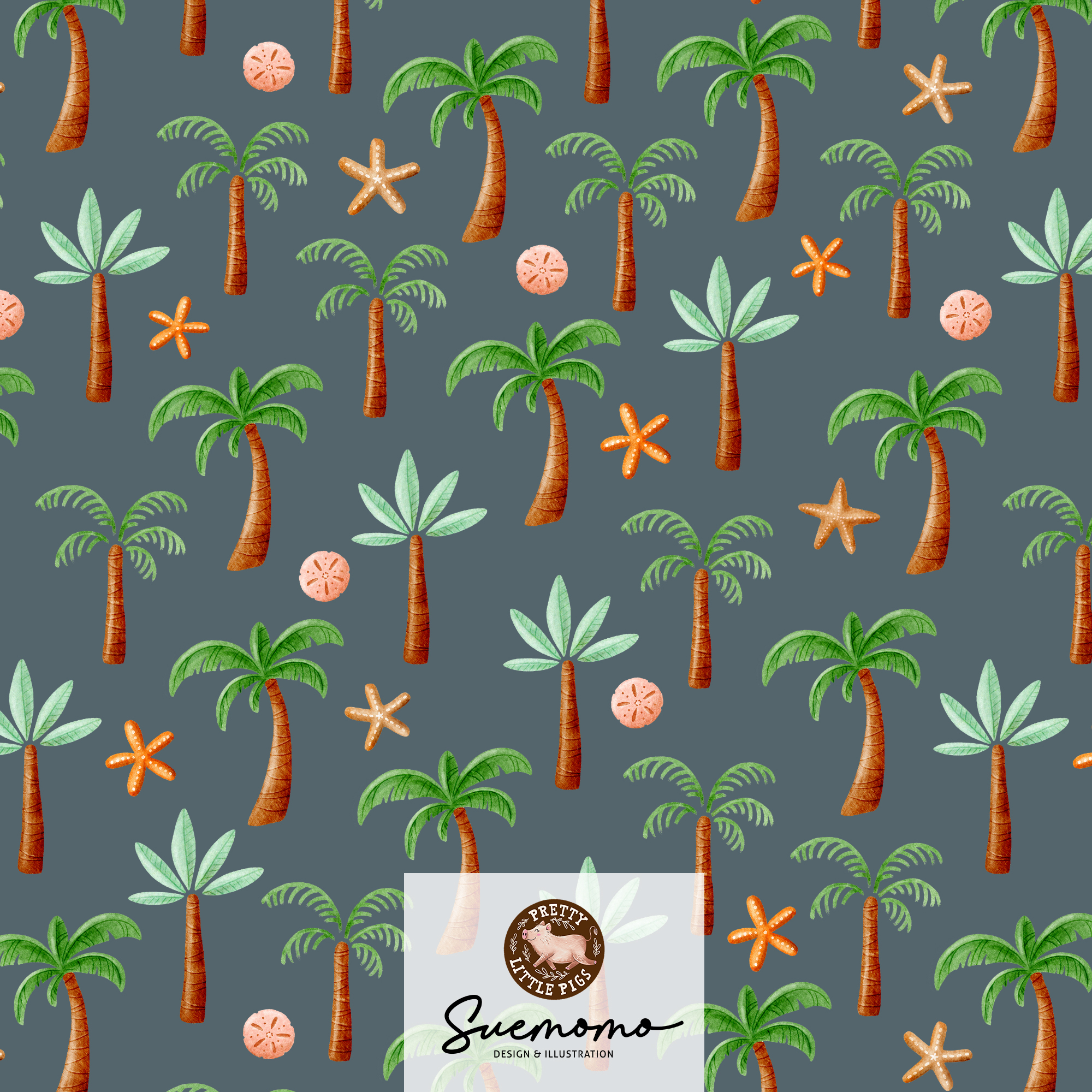 Bio Stoff  -  Summer Fun Palmen  - PrettyLittlePigs, Sommer, Bäume & Palmen, grau