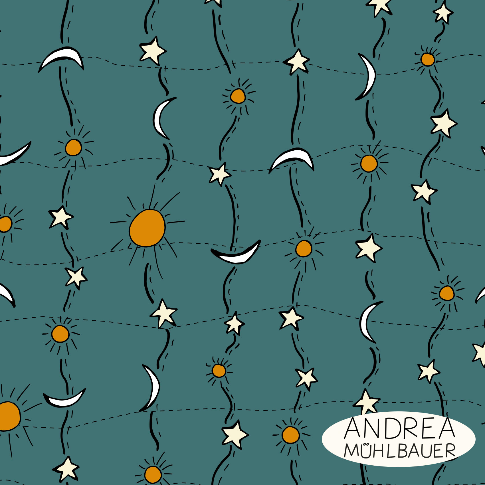 Bio Stoff  -  Sonne, Mond und Sterne Aqua - AndreaMuehlbauer, Sterne, grün