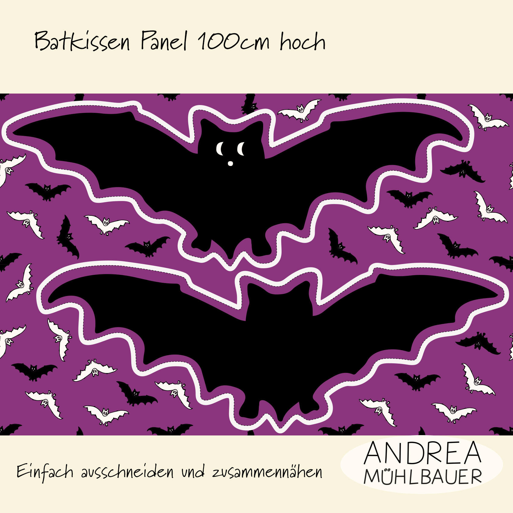 Bio Summersweat Stoff - 1 m Panel Trick or Treat Bat Kissen - AndreaMuehlbauer, Halloween, lila, Cut & Sew, Breite 150 cm Bio Summersweat Stoff - 1 m Panel Trick or Treat Bat Kissen - AndreaMuehlbauer, Halloween, lila, Cut & Sew, Breite 150 cm