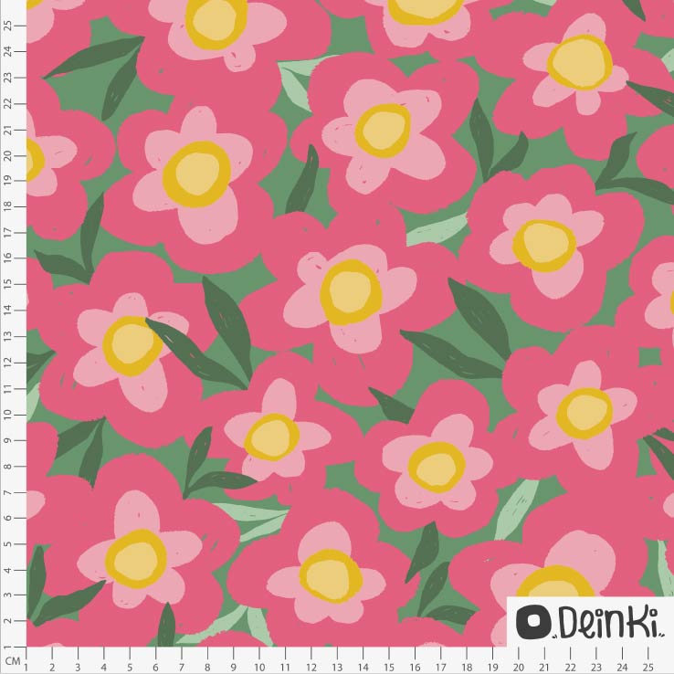 Bio Summersweat Stoff  - Bold Flowers Rosa Grün - Deinki, rosa, Floral & Blumen Breite 150 cm