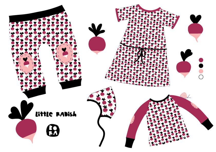 Bio Webware Stoff  -  Little Radish  - Bora, weiß, Obst & Gemüse, 100% Bio-Baumwolle