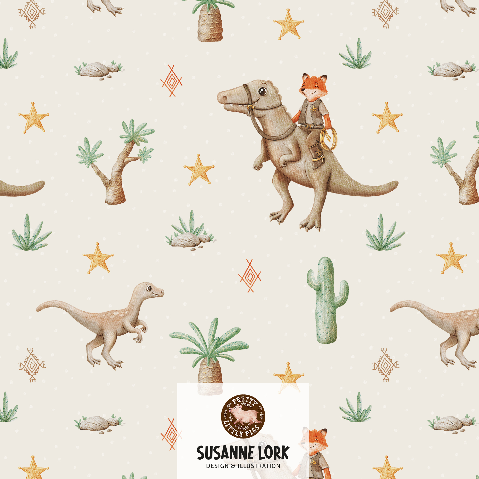 Bio Webware Stoff - Dino Cowboy Cream - PrettyLittlePigs, Dinosaurier, creme, 100% Bio-Baumwolle Bio Webware Stoff - Dino Cowboy Cream - PrettyLittlePigs, Dinosaurier, creme, 100% Bio-Baumwolle