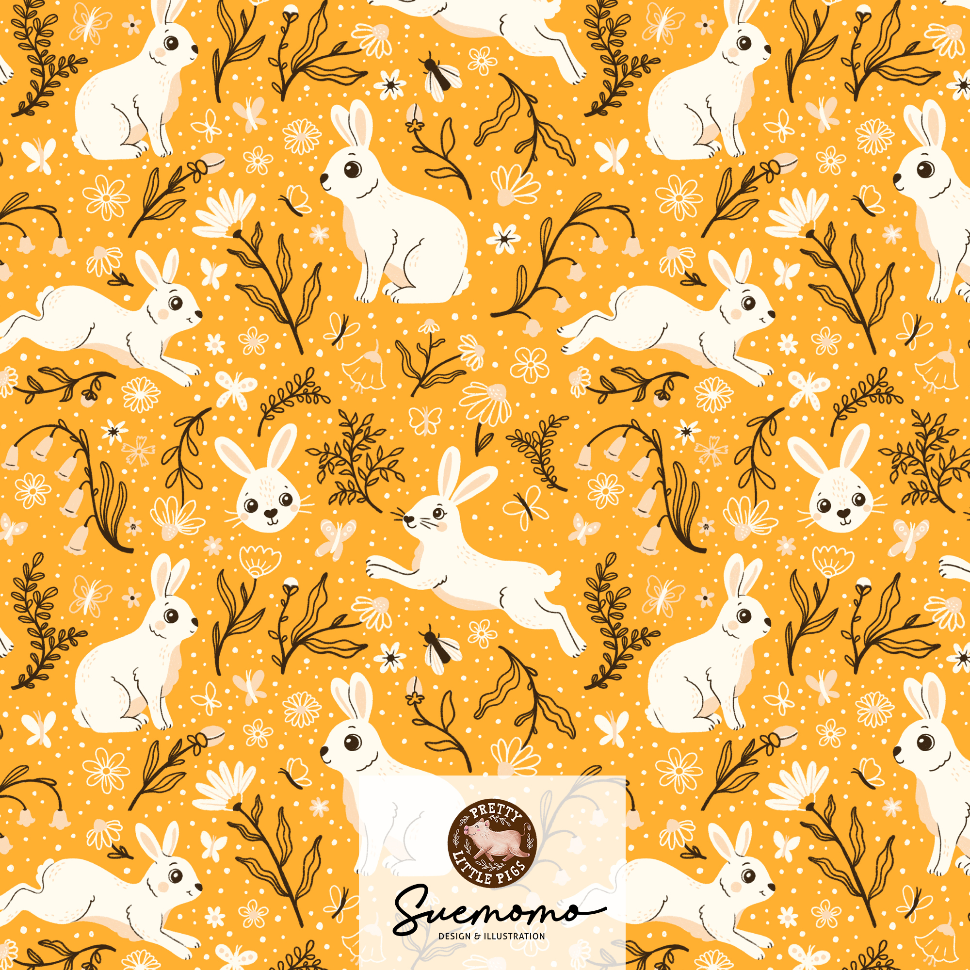 Bio Webware Stoff - Happy Bunnies - PrettyLittlePigs, Tiere, Ostern, gelb, schwarz, 100% Bio-Baumwolle Bio Webware Stoff - Happy Bunnies - PrettyLittlePigs, Tiere, Ostern, gelb, schwarz, 100% Bio-Baumwolle