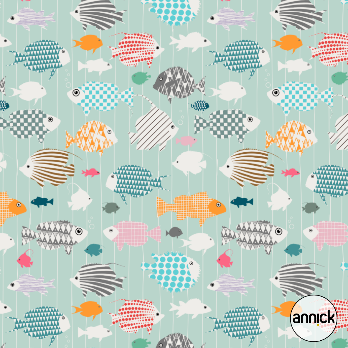 Bio Webware Stoff  - Fresh Fish Family Sunny - Annick, mint, Maritim, Tiere 100% Bio-Baumwolle