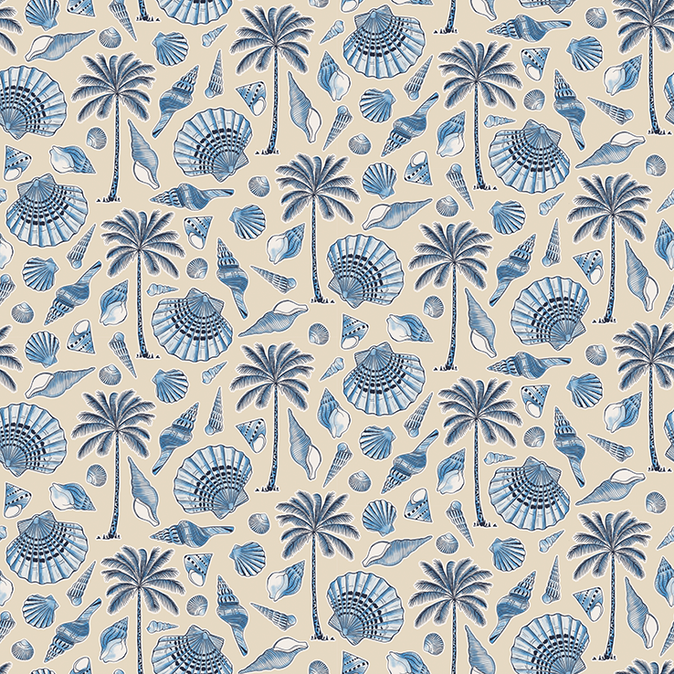 Bio Stoff - Sea Shells And Palm Trees Beach Sand by Alexandra Weise in beige-blue