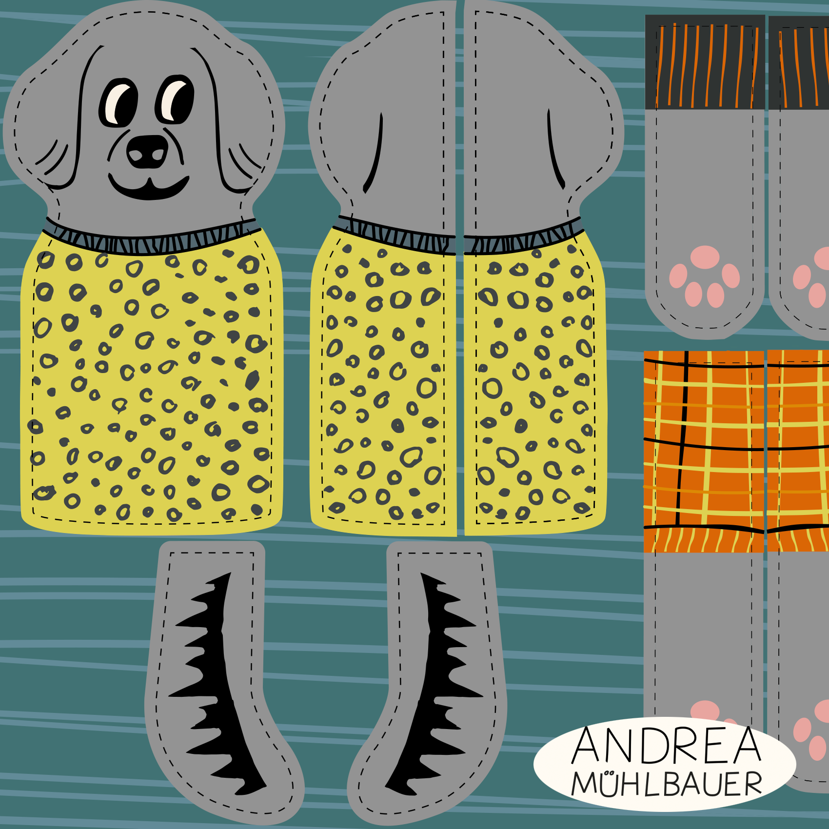Organic Fabric - Dog Puppets Gray Brown by Andrea Muehlbauer in gray