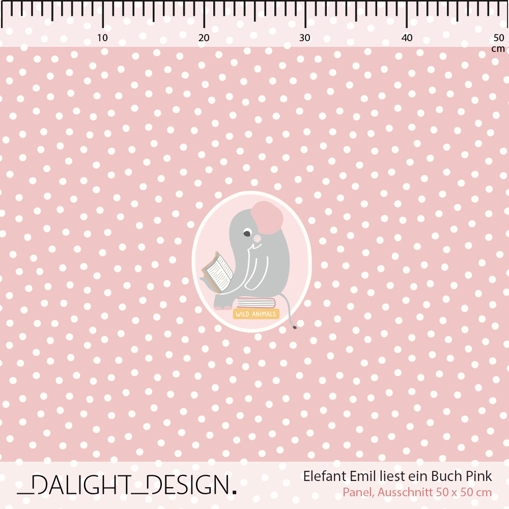 Bio Stoff - 50 cm Panel Elefant Emil Liest Ein Buch Pink von Dalight Design in rosa