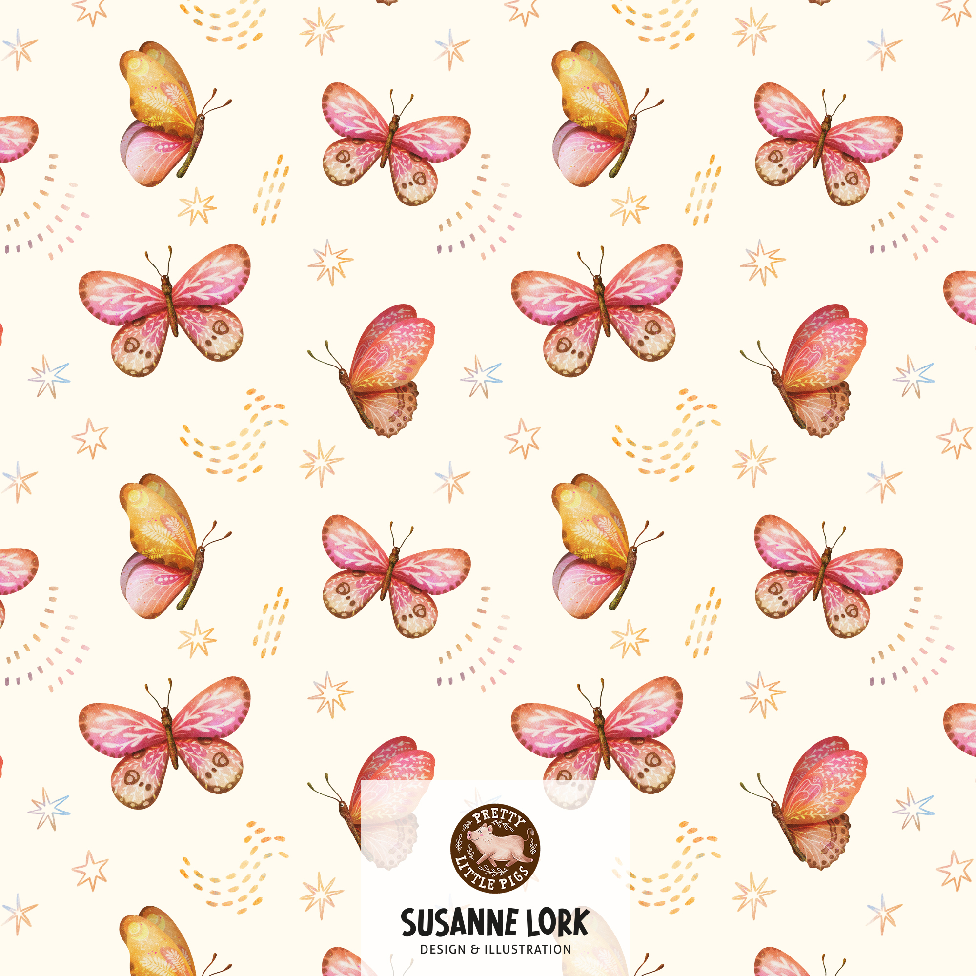 Organic Fabric - Magical Forest Butterflies Eggshell by Pretty Little Pigs in cream