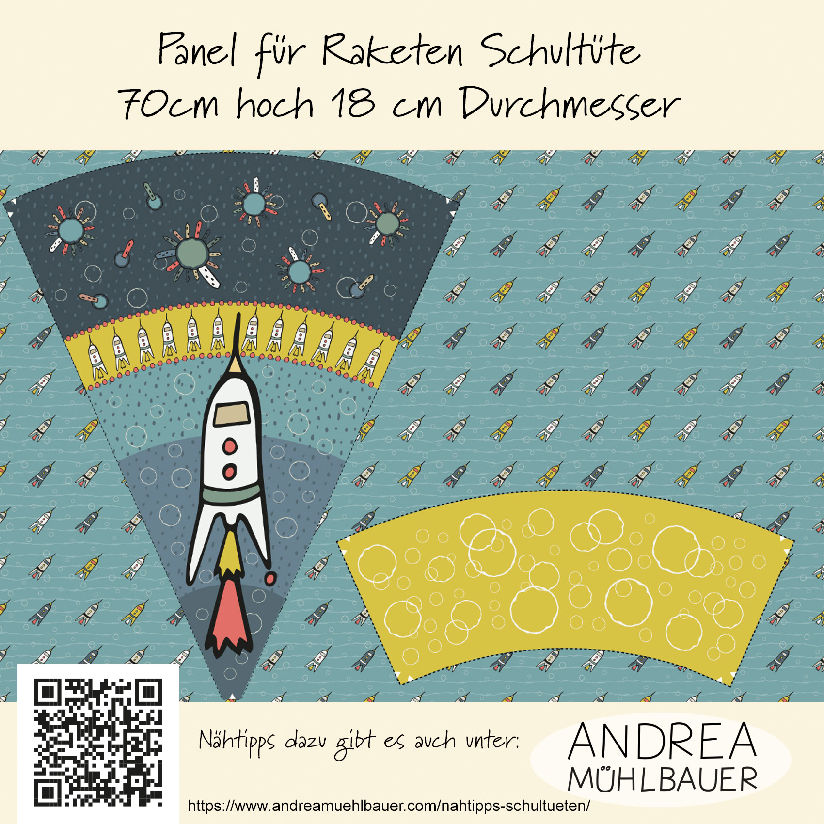 Bio Stoff  - 1,0 m Panel Schultüte Rakete - AndreaMuehlbauer, bunt, Kinder, Schule