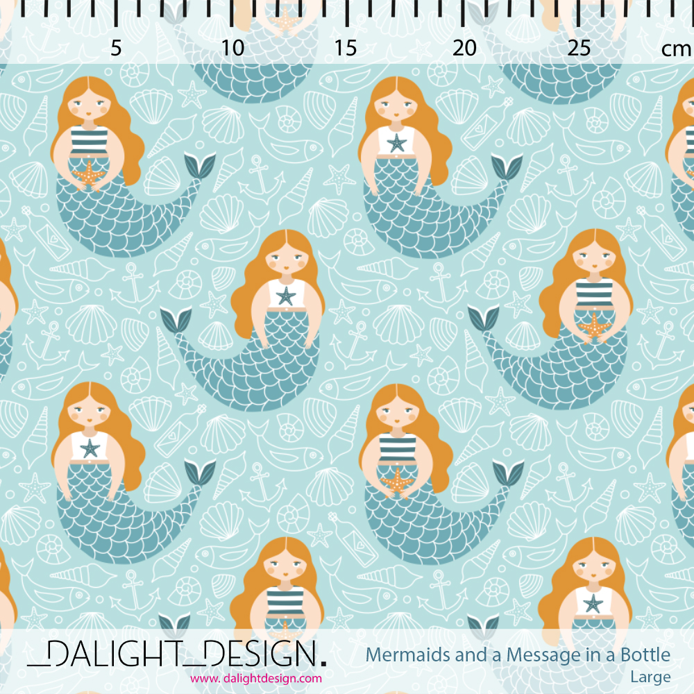Bio Webware Stoff  -  Mermaids and Message in a Bottle Large  - DalightDesign, blau, Maritim, Fantasy, 100% Bio-Baumwolle