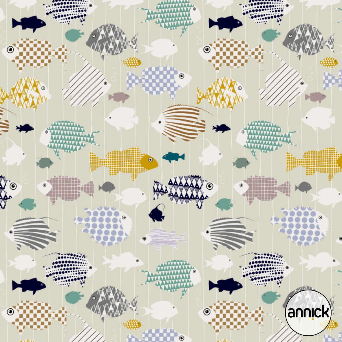 Bio Webware Stoff  - Fresh Fish Family Dark Navy - Annick, blau, Maritim, Tiere 100% Bio-Baumwolle