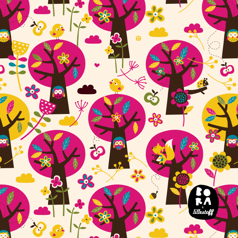 Bio Webware Stoff  -  Appletree Light  - Bora, Bäume & Palmen, Tiere, creme, 100% Bio-Baumwolle