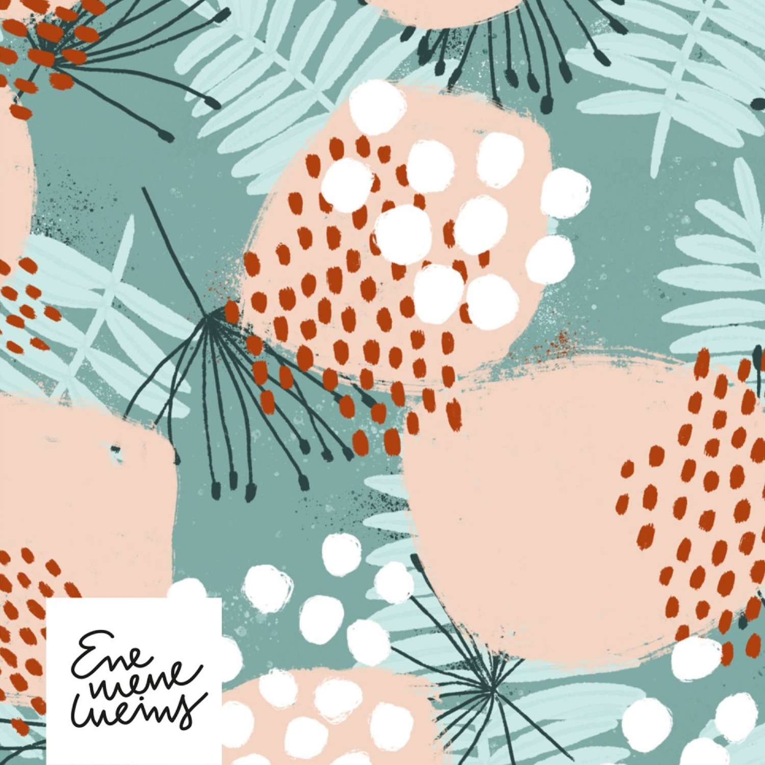 Bio Webware Stoff  -  LilleLula  - Enemenemeins, creme, Floral & Blumen, Ornamente, türkis, rosa, petrol, grün, 100% Bio-Baumwolle