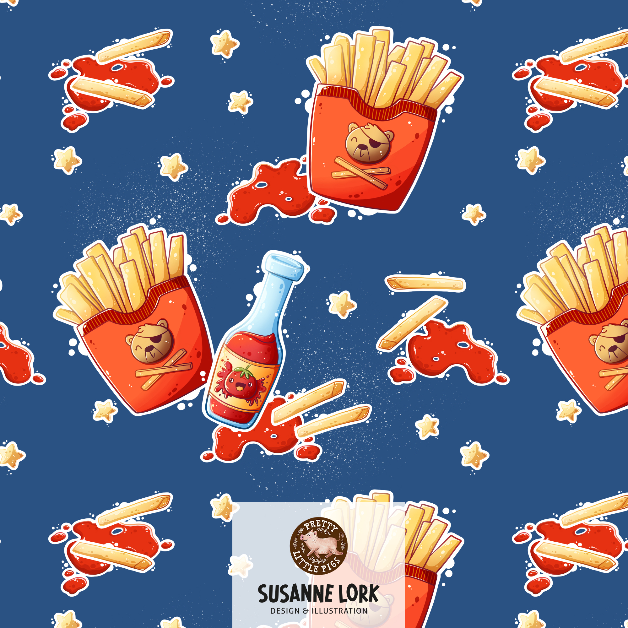 Organic Fabric - French Fries Blue by Pretty Little Pigs in blue