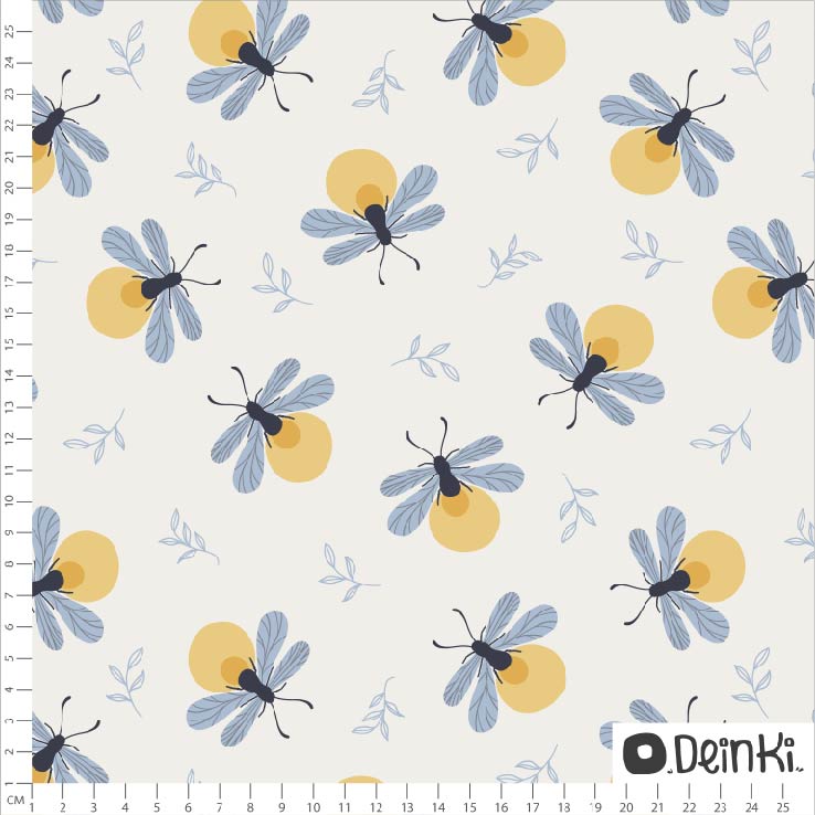 Organic Fabric - Glow Worms White Blue by Deinki in white