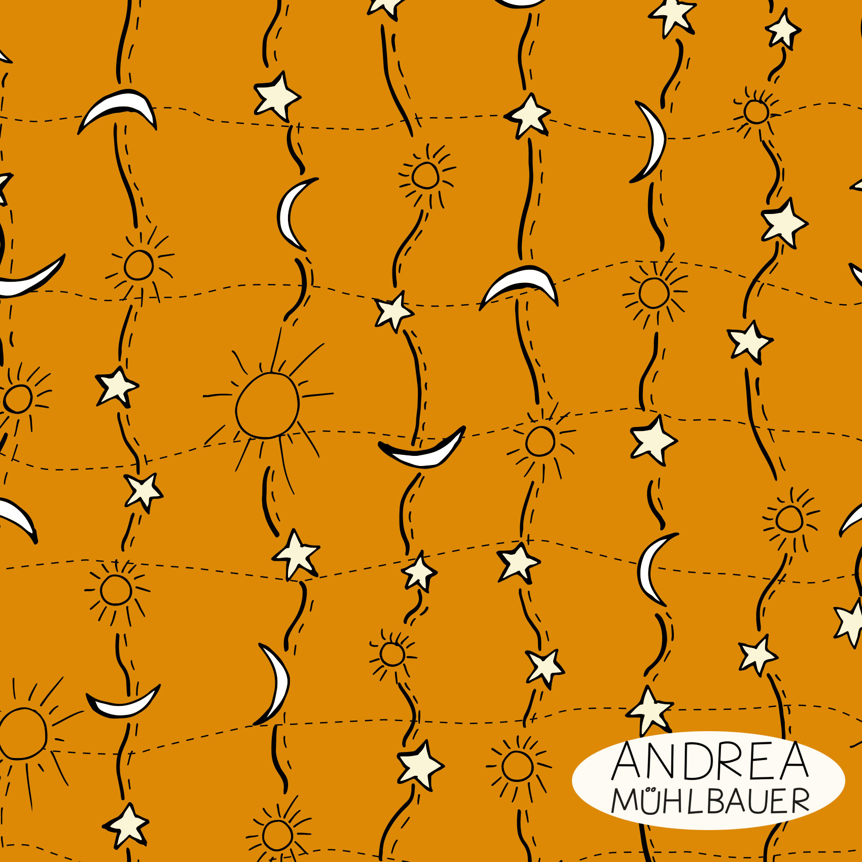 Bio Stoff  -  Sonne, Mond und Sterne Orange - AndreaMuehlbauer, Sterne, orange