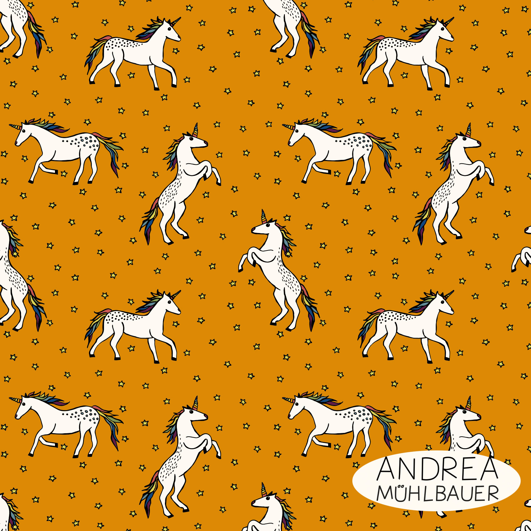 Bio Webware Stoff  -  Einhörner Middle  - AndreaMuehlbauer, Tiere, Fantasy, orange, 100% Bio-Baumwolle