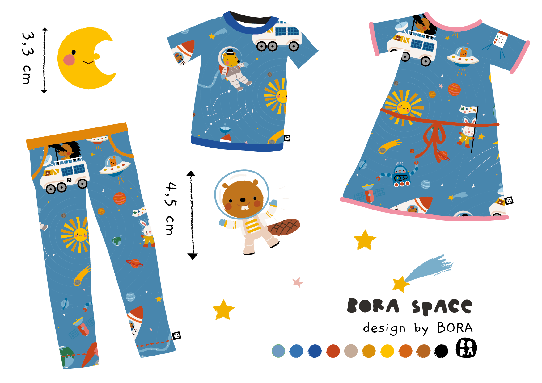 Bio Webware Stoff  -  Space Square - Bora, blau, Kinder, Weltraum, 100% Bio-Baumwolle
