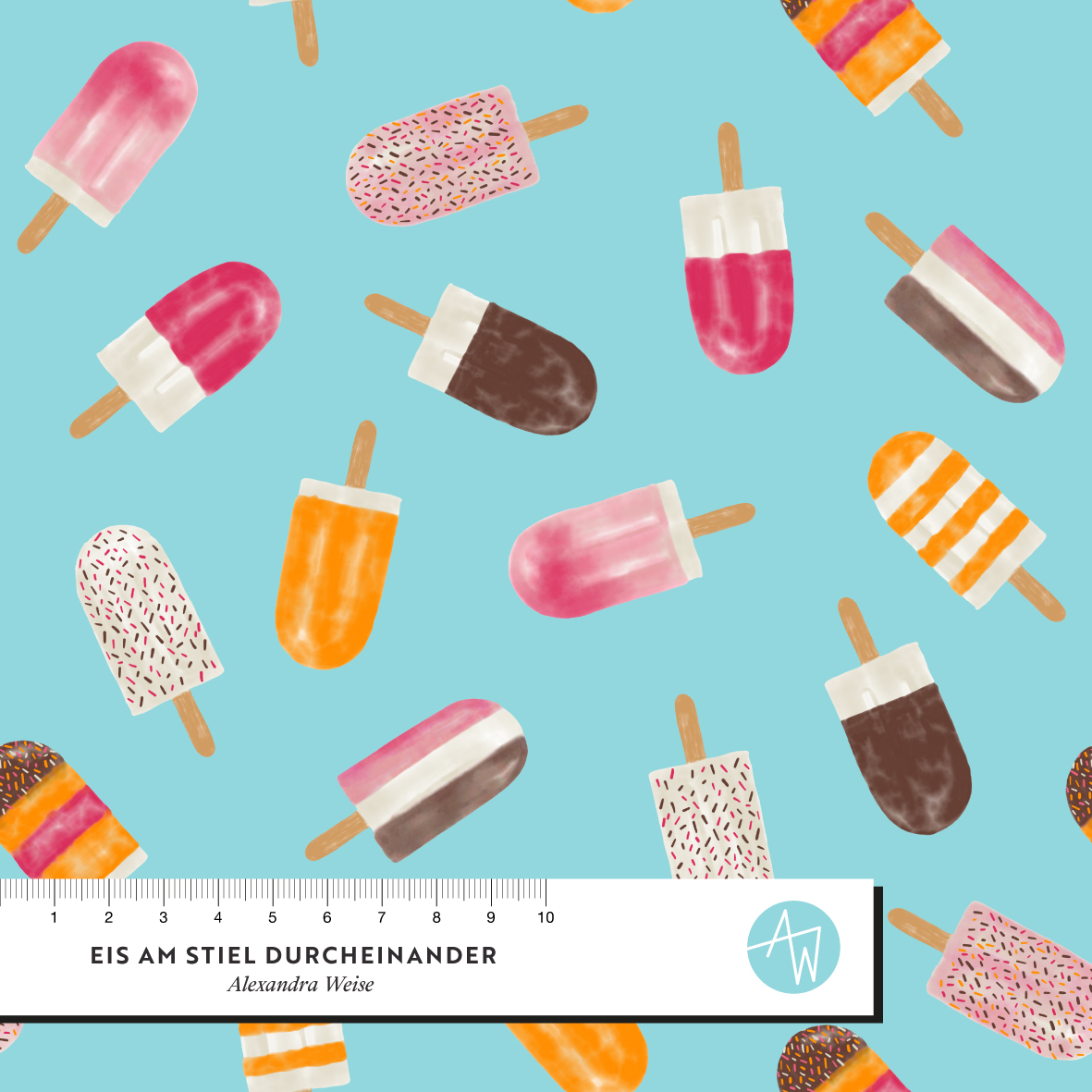 Bio Summersweat Stoff  - Eis am Stiel durcheinander - AlexandraWeise, blau, Essen Breite 150 cm