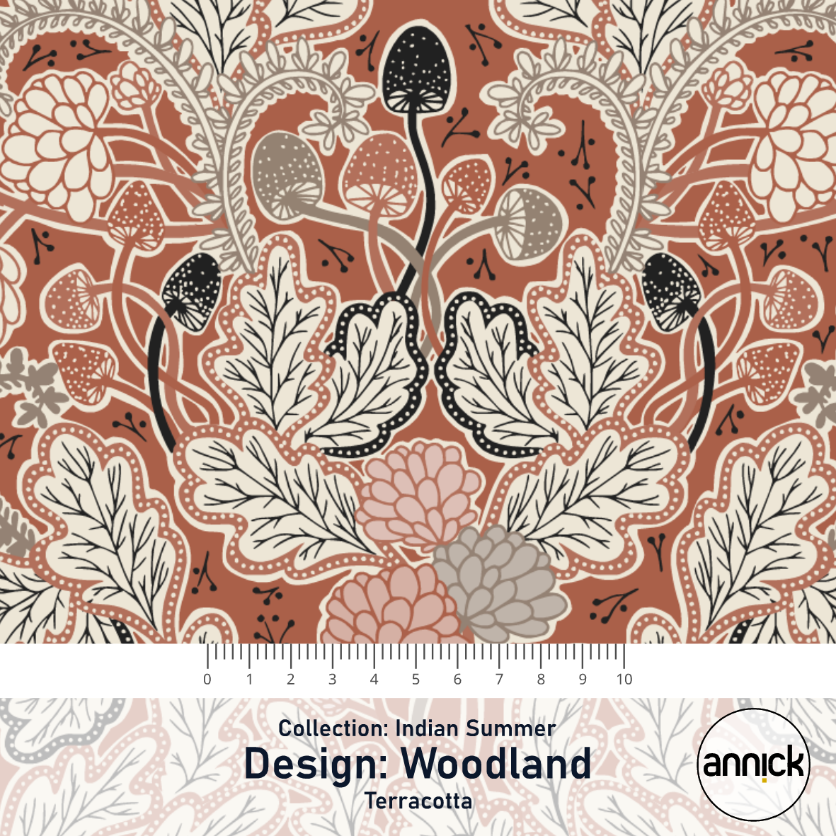 Bio Webware Stoff  -  Indian Summer Woodland Terracotta  - Annick, Abstrakt, braun, Herbst, Blätter & Ranken, 100% Bio-Baumwolle