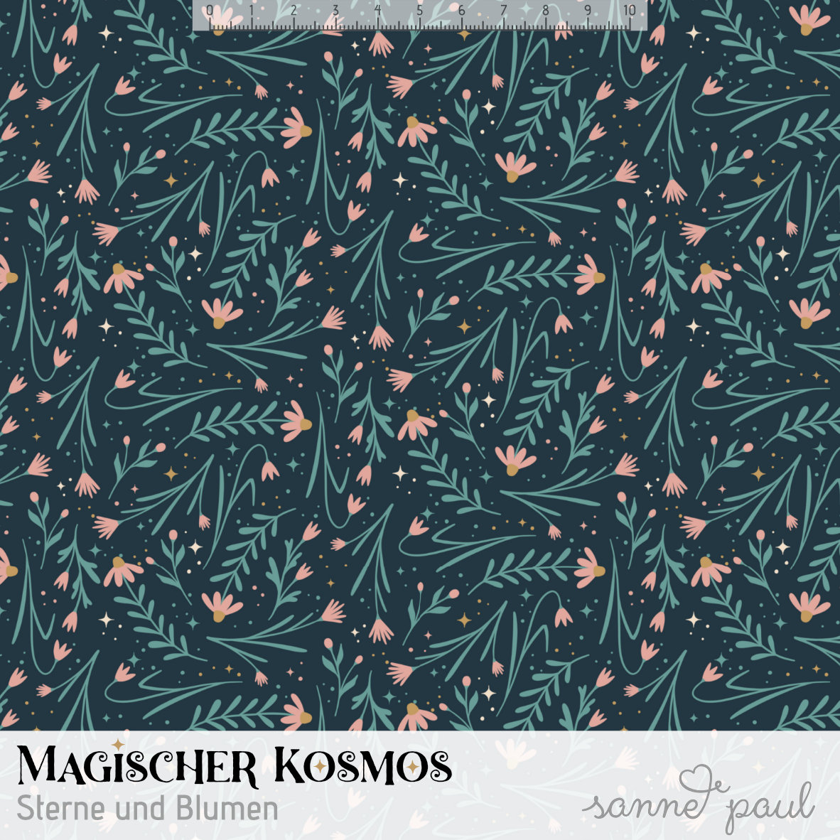 Bio Stoff  -  Magischer Kosmos Sterne und Blumen - SannePaul, Floral & Blumen, blau