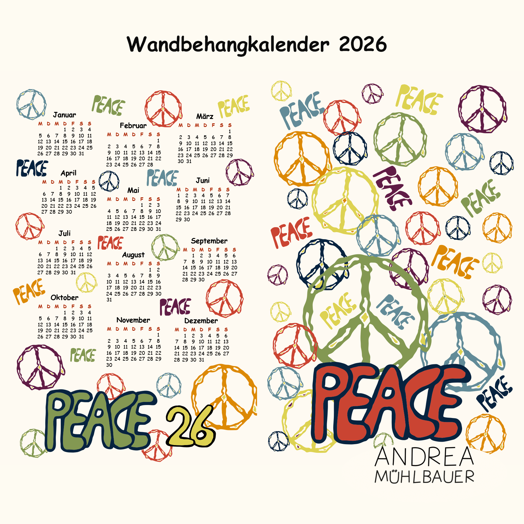 Bio Stoff - 50 cm Panel Peace Kalender26 von Andrea Muehlbauer in bunt