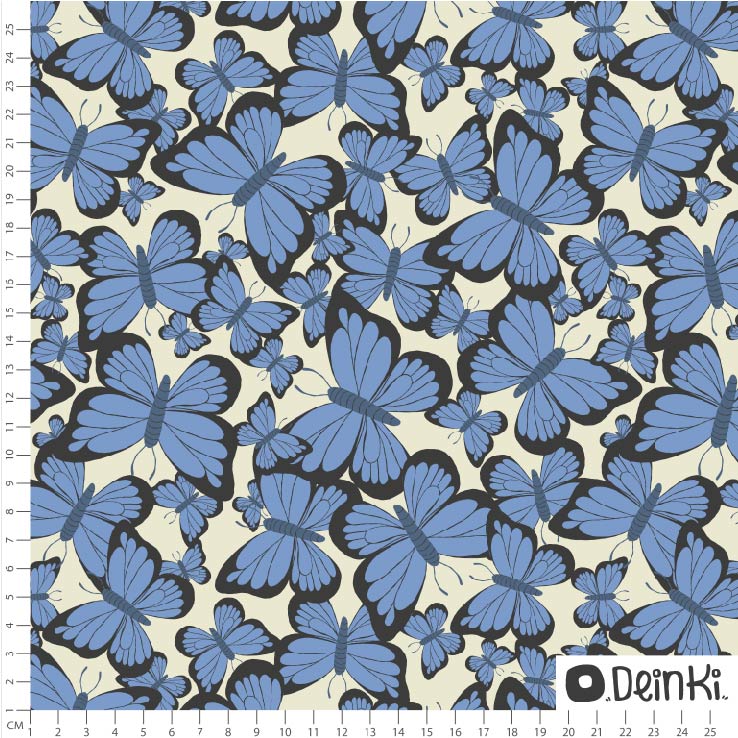 Bio Summersweat Stoff - Schmetterlinge sind da - Deinki, Floral & Blumen, Garten, Frühling, blau, creme, Breite 150 cm Bio Summersweat Stoff - Schmetterlinge sind da - Deinki, Floral & Blumen, Garten, Frühling, blau, creme, Breite 150 cm