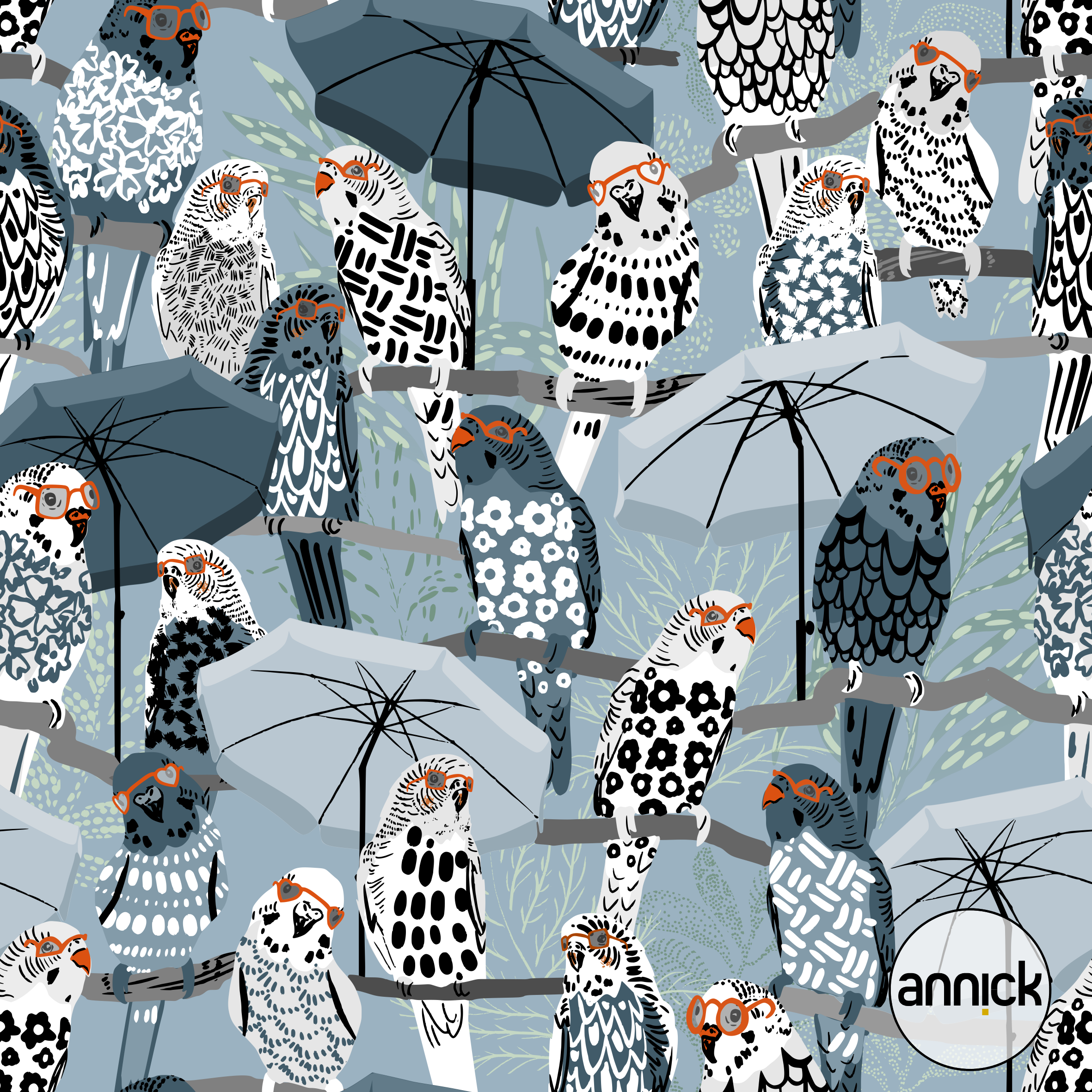 Bio Summersweat Stoff  -  Budgie on Vacation Blue  - Annick, Tiere, blau, Breite 150 cm