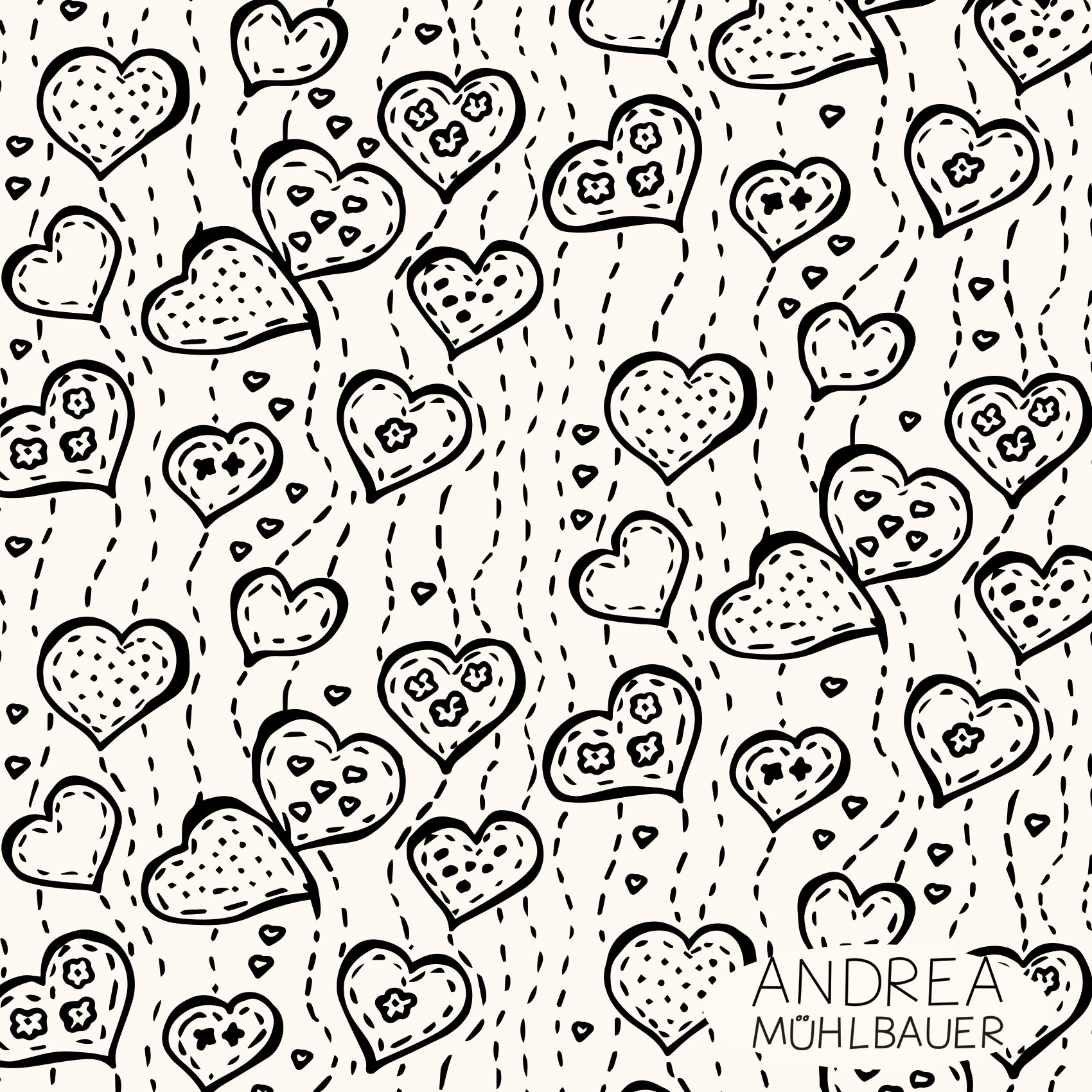 Bio Webware Stoff  - Be my Valentine on Creme - AndreaMuehlbauer, creme, Herzen, 100% Bio-Baumwolle